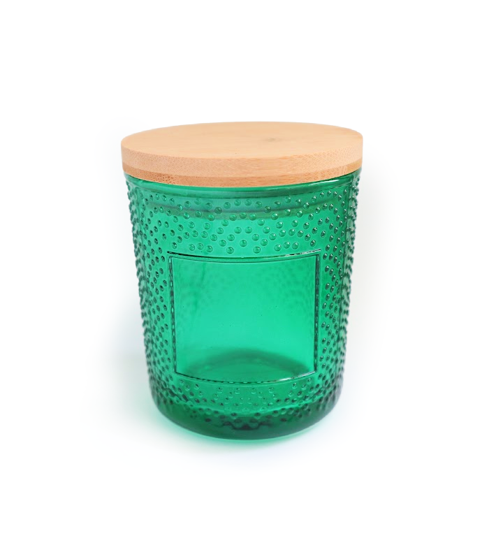 Pleiades Green Glass Candle Containers with Textured Dots